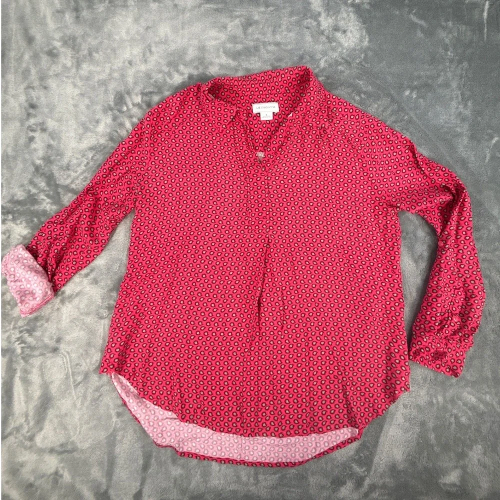 Liz Claiborne Womens Pink Paisley Rayon Roll Tab Long‎ Sleeve Blouse Size M